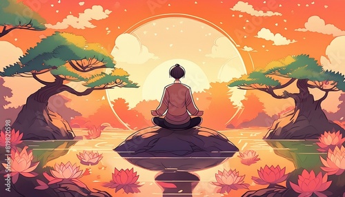 Beautiful rainy Japanese landscape in warm orange sunset colours, with a small person silhouette meditating on a round rock. Lotus flowers in a lake, green bonsai trees.