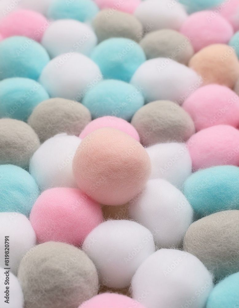Colourful balls made of felt as background. 
Pale pastel colours. 