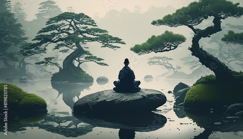 Beautiful rainy Japanese landscape in cold pale colours, with a small person silhouette meditating on a round rock. Misty mountains, green bonsai trees.