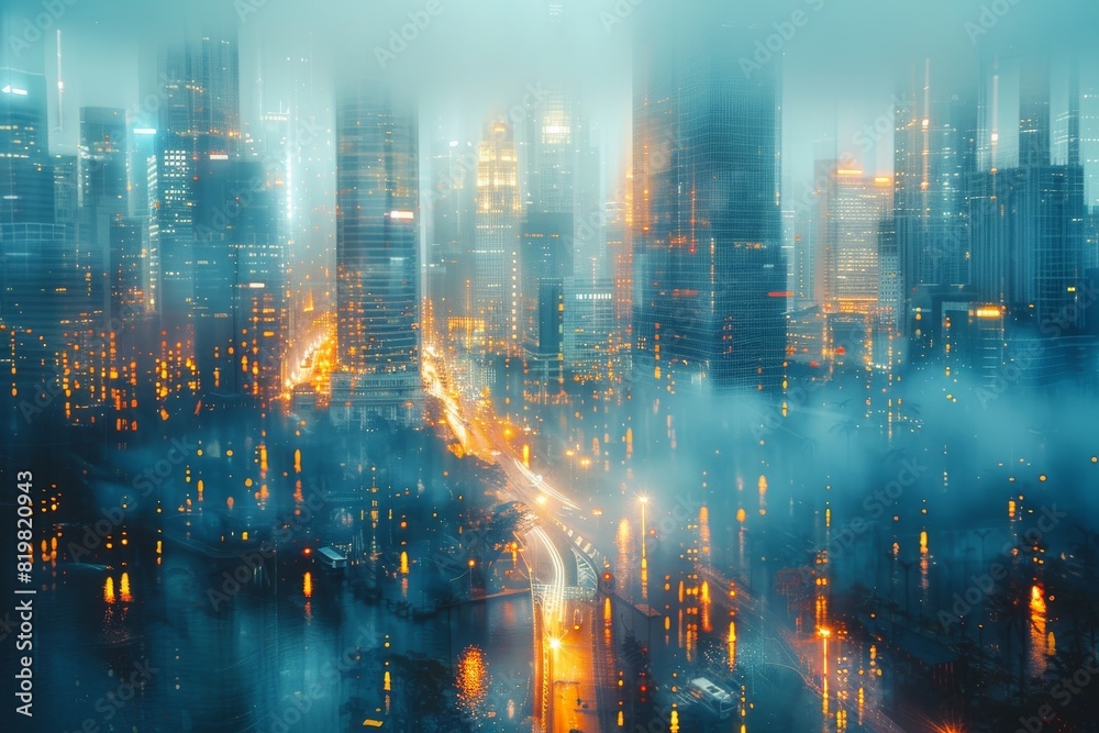 A stunning, futuristic cityscape bathed in neon lights and shrouded in mist, depicting a bustling urban life
