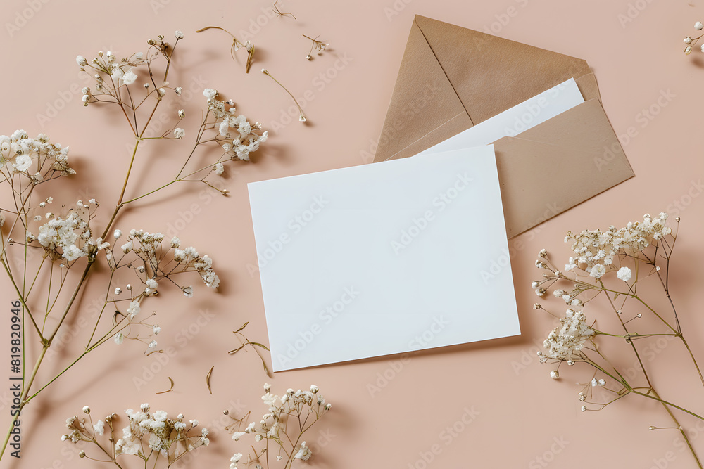 Blank greeting card with baby's breath on pastel background