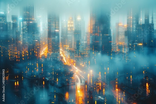 A stunning  futuristic cityscape bathed in neon lights and shrouded in mist  depicting a bustling urban life