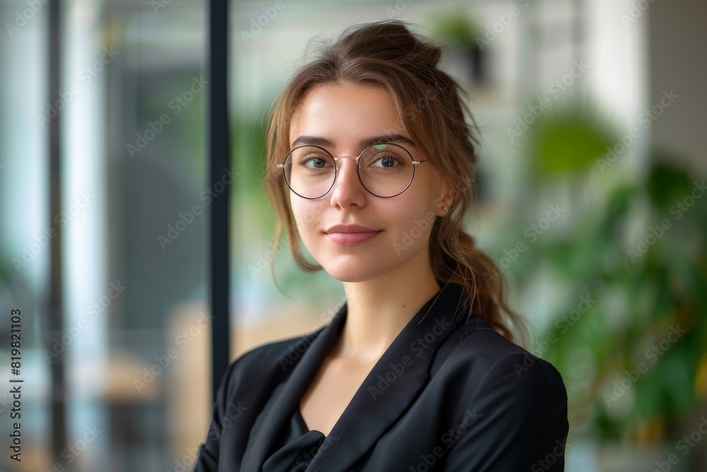 Fototapeta premium Happy middle-aged business woman manager in the office Smiling woman in the bank. Beautiful simple AI generated image in 4K, unique.
