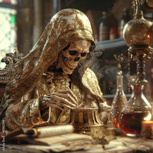 Golden Skeletal Alchemist Performing Ancient Laboratory Experiment in Warmtoned photo