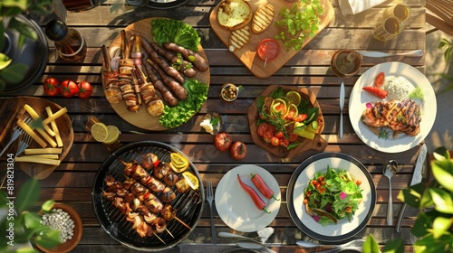 A table is set with a variety of food, including meat, vegetables, and fruit,having a barbecue , barbecue grill, summer activities. photo