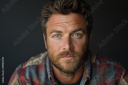 Intense close-up portrait of a man with piercing blue eyes and facial scruff