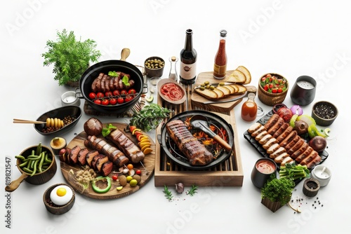 A table full of food and drinks, including a bottle of beer,having a barbecue , barbecue grill, summer activities.