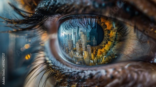Aerial image of city reflected in eye iris