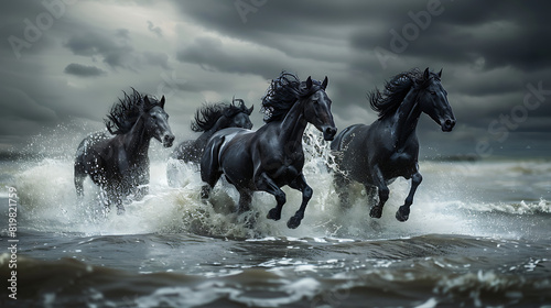 black horses on the beach