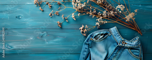 Blue denim jeans and dried flowers on weathered wood photo