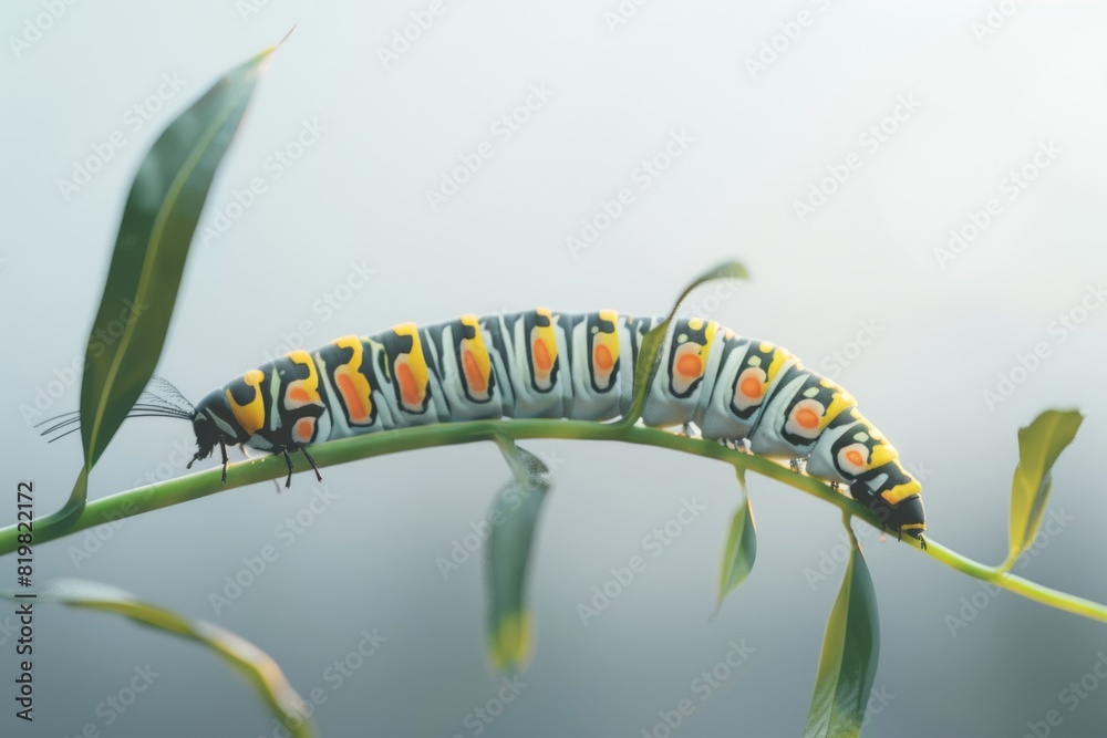 Detailed view of a caterpillar on a green plant. Suitable for nature and wildlife themes Detailed view of a caterpillar on a green plant. Suitable for nature and wildlife themes