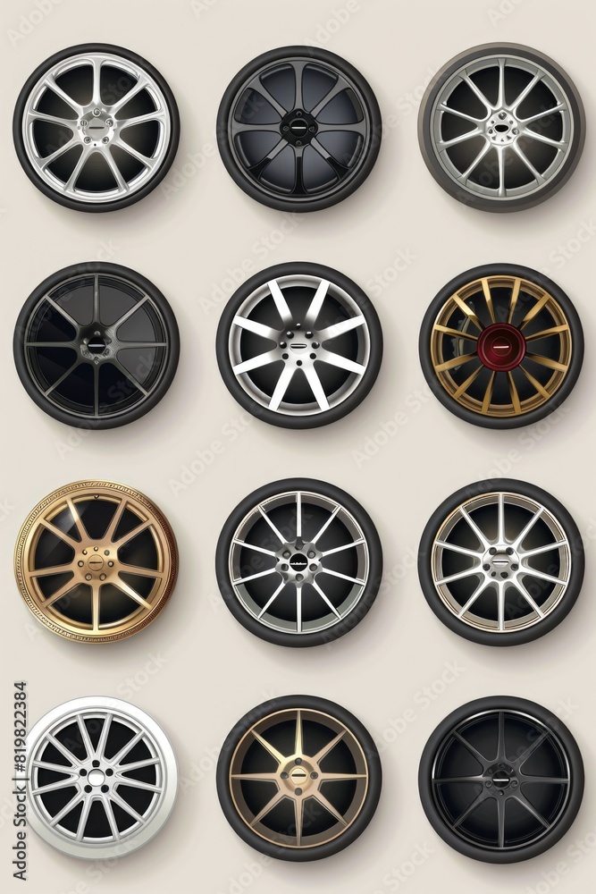 Different types of wheels on a plain white background. Suitable for industrial, transportation, or automotive concepts