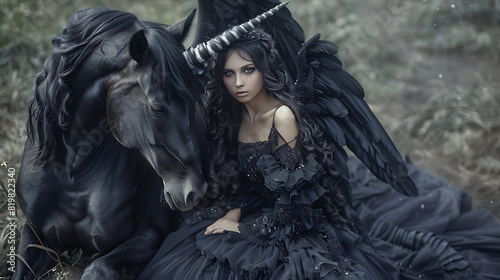 Dark angel with black wings, dress, and hair, accompanied by a black unicorn, exuding an aura of mysterious beauty and enchantment in a captivating composition