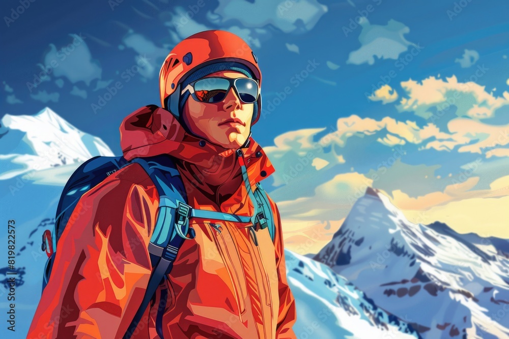 A man wearing a red jacket and goggles standing in front of a majestic mountain. Perfect for outdoor sports or adventure themes