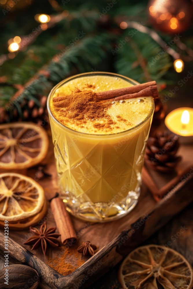 crystal clear glass filled with a golden turmeric latte, garnished with a sprinkle of ground turmeric and a cinnamon stick crystal clear glass filled with a golden turmeric latte, garnished with a sprinkle of ground turmeric and a cinnamon stick