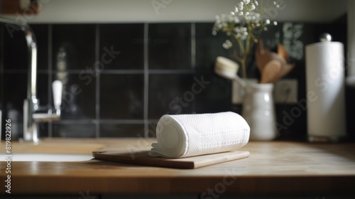 Roll of white paper towels on wooden table in kitchen, space for text