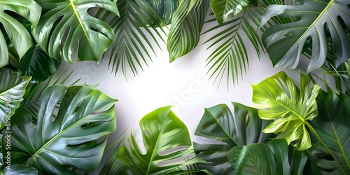Modern tropical set with monstera and philodendron leaves against white background. Concept Tropical Photoshoot, Monstera Leaves, Philodendron Leaves, White Background, Modern Set photo