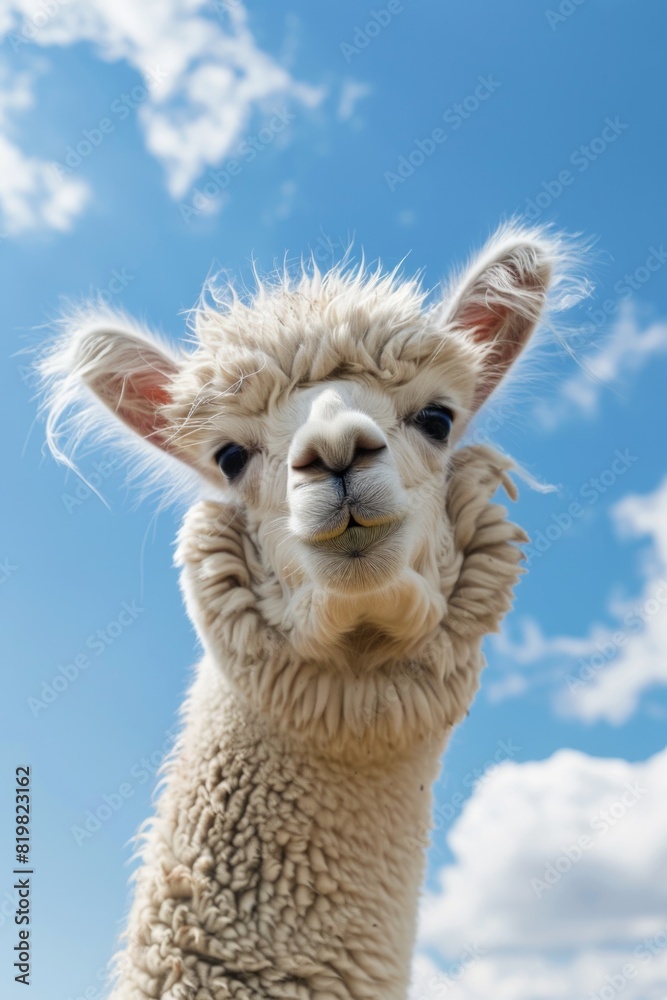 Obraz premium Close up of a llama with cloudy sky background. Suitable for nature and animal themes