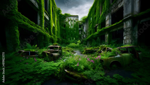 Overgrown Abandoned Building with Nature Reclaiming Urban Space