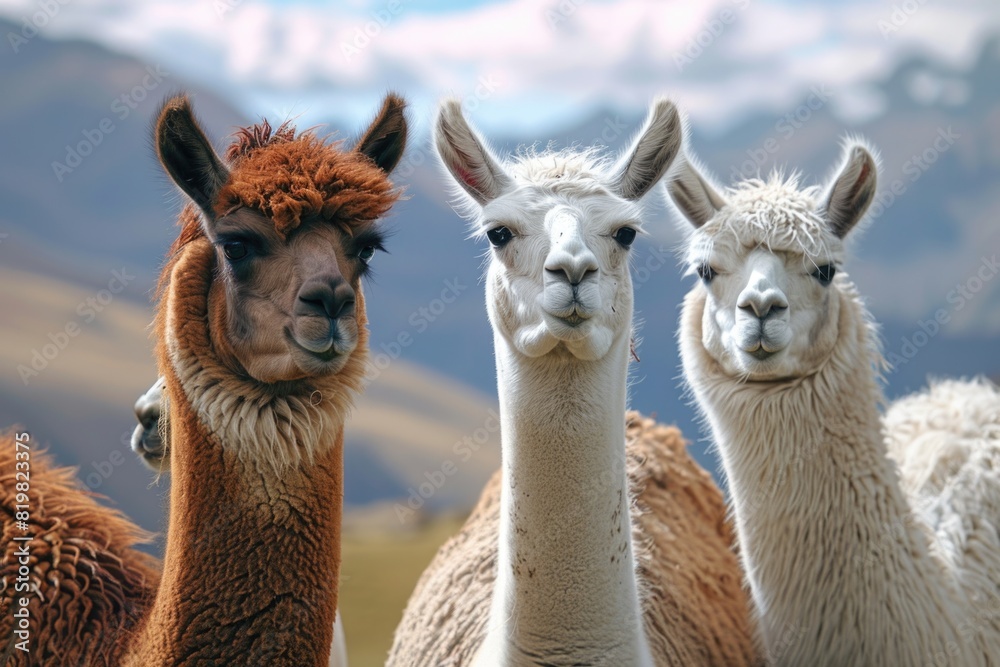 Obraz premium A group of llamas standing together. Suitable for animal-related designs