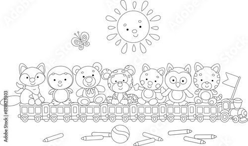 Funny toy train with cute cartoony baby animals, a smiling sun, bricks and pencils in a kindergarten, black and white outline vector cartoon illustration for a coloring book