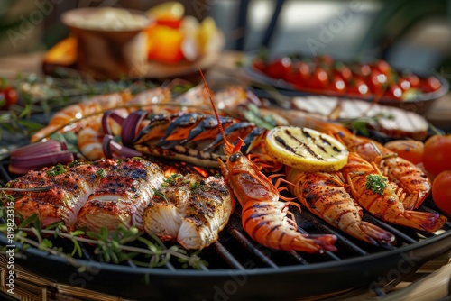 A plate of grilled seafood with a variety of meats and vegetables,having a barbecue , barbecue grill, summer activities.