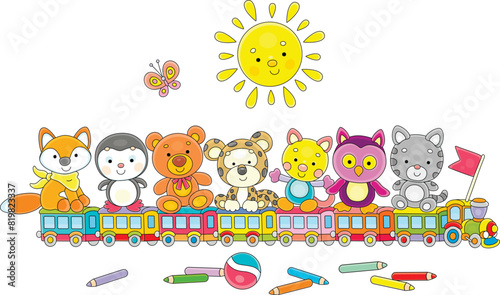 Funny toy train with cute cartoony baby animals, a smiling yellow sun, color bricks and pencils in a kindergarten, vector cartoon illustration on a white background