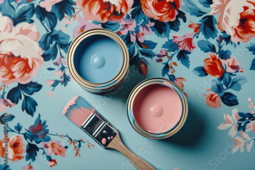 colorful paint cans with brushes on floral pattern background, creative home decor