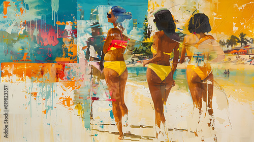 Girls in a bikini on the beach, half-photo, half-painted, abstract, artistic