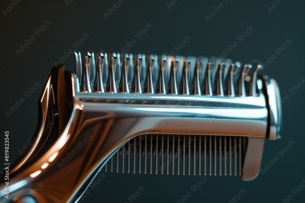 A detailed close up of a metal comb on a table. Perfect for beauty or grooming concepts A detailed close up of a metal comb on a table. Perfect for beauty or grooming concepts