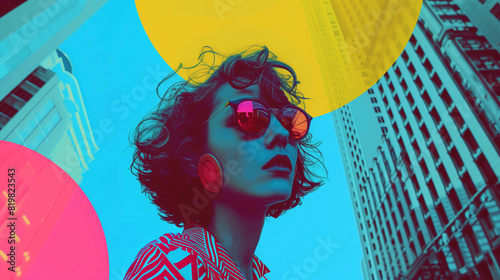 Geometric style collage with woman portrait in big city (architecture / real estate background)