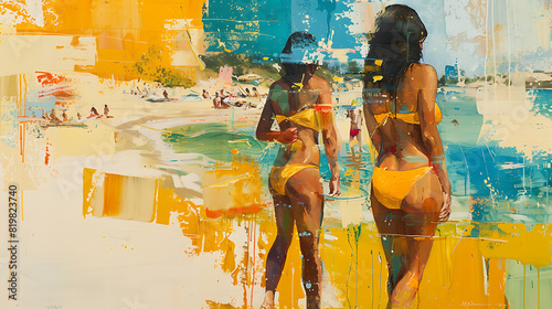 girls in a bikini at the beach, half-photo, half-painted, abstract, and artistic. The image blends realistic photography with imaginative brushstrokes, creating a unique and captivating visual
