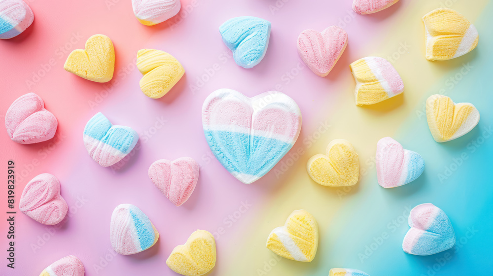colorful heart-shaped marshmallows scattered on a vibrant pink and blue background colorful heart-shaped marshmallows scattered on a vibrant pink and blue background