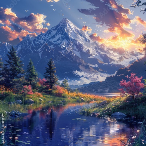 Whimsical Mountain and Lake Wonderland - A Vibrant Cartoon Landscape in Digital Art