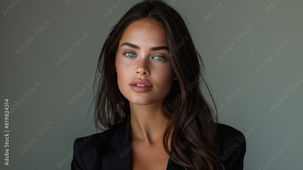 Obraz premium Beautiful brunette woman with a chic hairstyle, posing elegantly against a neutral background