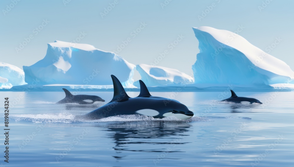 Fototapeta premium Groups of Orcas or killer whales swim and hunt for prey, the top of the food chain in a sea of ​​ice floes