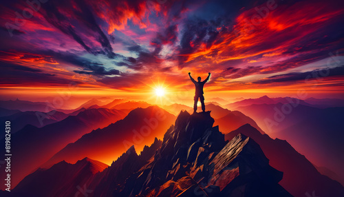 Person Celebrating on Mountain Peak with Vibrant Sunrise Sky
