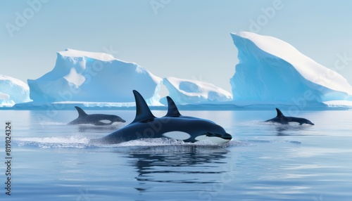 Groups of Orcas or killer whales swim and hunt for prey, the top of the food chain in a sea of ​​ice floes © Virgo Studio Maple