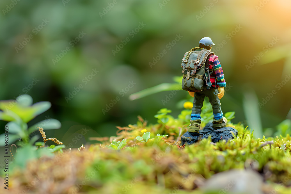 Miniature adventurer in a lush green landscape