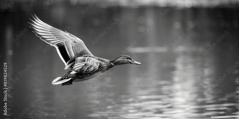 Fototapeta premium A striking black and white image of a duck in flight. Perfect for nature or wildlife themes.