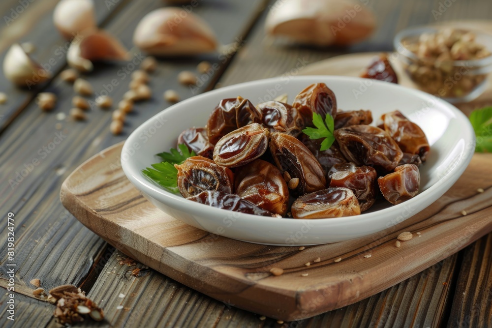 Fresh dates on a wooden cutting board, perfect for healthy eating concepts Fresh dates on a wooden cutting board, perfect for healthy eating concepts