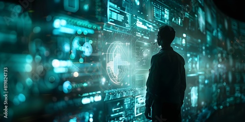Cybersecurity expert reviewing data on digital screens in futuristic environment. Concept Cybersecurity, Data Analysis, Futuristic Technology, Expert Review, Digital Screens