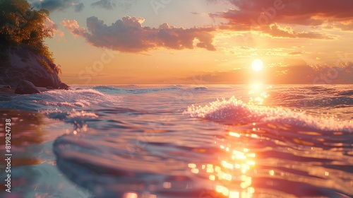 A mesmerizing close-up of ocean waves sparkling under the golden light of a sunset, creating a serene and captivating seascape.