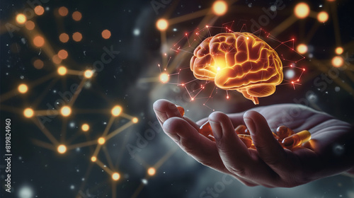 A hand holding omega-3 capsules with an illustrated brain in the background, emphasizing the connection between supplements and brain health. Dynamic and dramatic composition, with photo