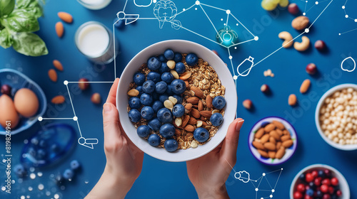A person eating a balanced breakfast that includes blueberries, nuts, and whole grains, with a subtle overlay of brain-related icons. Dynamic and dramatic composition, with cope sp