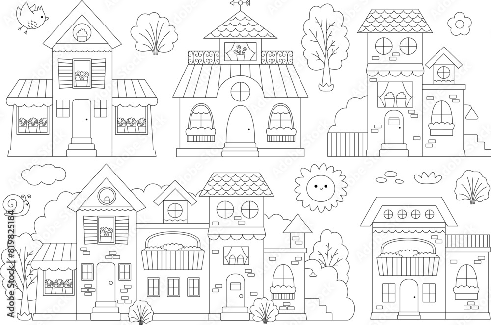 Vector black and white house set with garden, trees, bushes, bird, snail. Residential building line illustration collection. Cute cottage with flowers. Funny little town or city coloring page. Vector black and white house set with garden, trees, bushes, bird, snail. Residential building line illustration collection. Cute cottage with flowers. Funny little town or city coloring page.