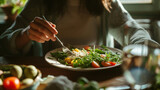 A person sitting at a table, thoughtfully eating a meal rich in antioxidants, with soft light highlighting the food and the person’s focused expression. Dynamic and dramatic compos