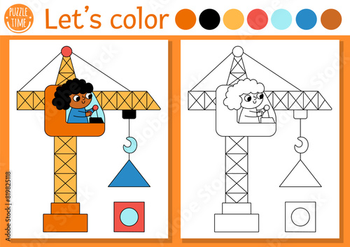 Construction site coloring page for children with lifting crane with load. Vector repair works outline illustration. Color book for kids with colored example. Drawing skills printable worksheet.