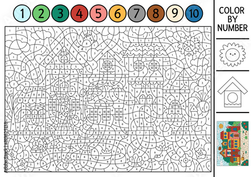 Vector color by number activity with city scene with beautiful house surrounded by garden. Black and white counting game with little town landscape and special technics. Coloring page for kids.