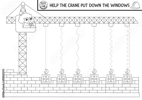 Vector construction site handwriting practice worksheet. Repair works printable black and white activity for kids. Tracing game for writing skills. Coloring page with lifting crane putting down window